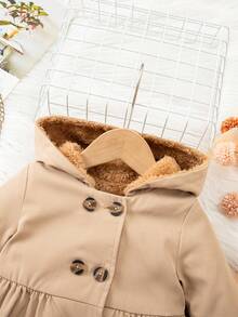 1件装可爱女婴休闲简约中长棕色连帽外套，带保暖内衬。适合生日派对、晚宴、演出、婚礼、洗礼和开幕式等场合。适合日常穿着、玩耍，适合秋冬季节。秋季外套、大衣、服装、学校棕色复古风衣。