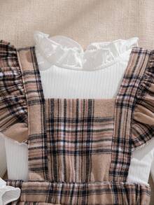 Souflis Souflis 2025秋冬法式复古休闲白色拉绒长袖T恤搭配可爱格纹吊带连体裤，适合女宝宝外出聚会等多种场合 - 白色 - 查看 7