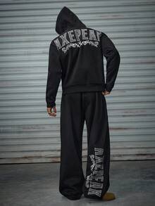 AXEPEAK Women's Rhinestone Letter Graphic Hoodie And Sweatpants Casual Loose Suit, Autumn/Winter - Black - View 6