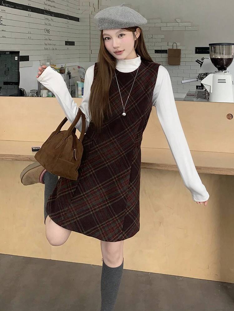 Women's Casual Plaid Sleeveless Dress, Autumn/Winter