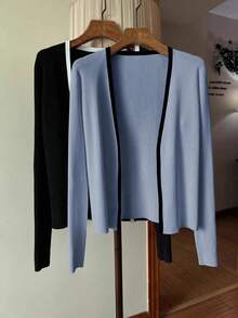 GlowEve Fashionable Minimalist Contrast Color Trim Cardigan, Versatile - Baby Blue - View 7