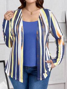 EMERY ROSE Plus Size Women's Spring/Summer 2 In 1 Striped Print Fall T-Shirt - Multicolor - View 3