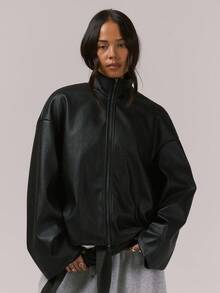 MUSERA Oversized High Neck Faux Leather Full Zip Up Jacket Night Out Winter Outerwear Spring Vacation - Black - View 1
