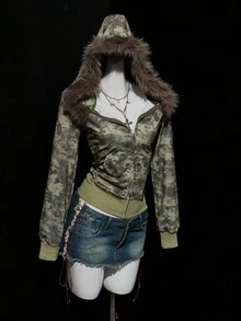 SHEIN ICON 女士复古迷彩毛绒常规夹克 - 軍綠色 - 查看 3