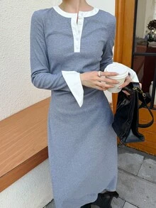 K-Vae 女装秋冬灰色撞色拼接长款针织连衣裙，优雅日常教师装，学院风，韩版风，万圣节服装，别致秋季 - 彩色 - 查看 2