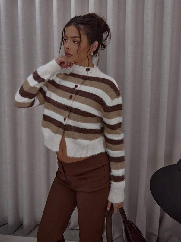 MUSERA Cárdigan de punto suave con cuello alto, detalles de botones asimétricos y rayas, ropa de calle, lindo, elegante, casual, sexy, para salir, otoño, fiesta de noche, elegante, Navidad