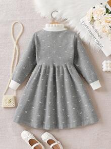 Sparklyn Young Girls' Cute Versatile Autumn/Winter New Sweet Heart Jacquard Dress With Ruffled Collar, Long-Sleeve Knit Dress For Festivals Fall - Grey - View 2