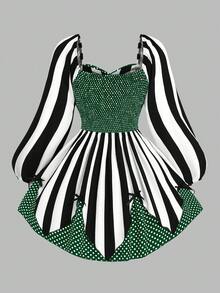 Sweetra 大码女式复古大胆前卫学院街头时尚数码印花朋克黑暗小丑魔术师黑白条纹波尔卡圆点舞台夜总会主题派对酒吧长袖连衣裙，适合万圣节、返校季、节假日、日常穿着 - 彩色 - 查看 2