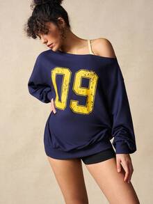 VARSIVA 女式露肩宽松长袖休闲百搭数字图案运动衫 - 藏蓝色 - 查看 9