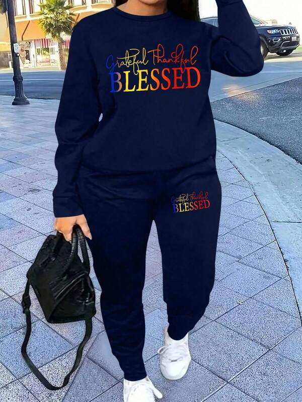 Maweii Plus Size Letter Print Sweatshirt And Sweatpants 2 Pieces Set, Casual For Autumn/Winter Fall Cloth For Women