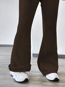 Flirla Damen einfarbige Fleece-Jogginghose mit Tunnelzug in der Taille und ausgestelltem Bein - Kaffeebraun - Übersicht 5