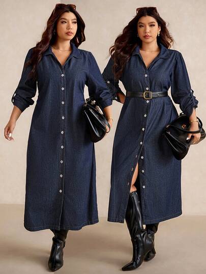 Elaquor Plus Size Dark Blue Denim Dress, Shirt-Style Long Sleeves, Long Dress With Waist Design, Suitable For Autumn French Elegant Dress, Workplace Office Wear