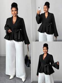 Maweii Plus Size Elegant V-Neck Crossed Bowknot Ruffle Hem Long Sleeve Casual Outerwear For Autumn/Winter - Black - View 1