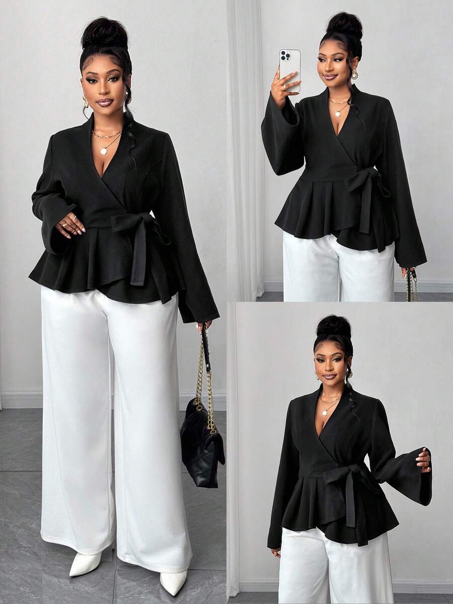 Maweii Plus Size Elegant V-Neck Crossed Bowknot Ruffle Hem Long Sleeve Casual Outerwear For Autumn/Winter - Black - View 1
