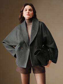 Anewsta 女士秋冬双面羊毛面料时尚百搭纯色宽松羊毛休闲夹克，咖啡色 - 灰色 - 查看 5