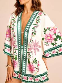 CAJUNI 女士花卉印花宽松休闲和服罩衫，3/4 袖，适合度假