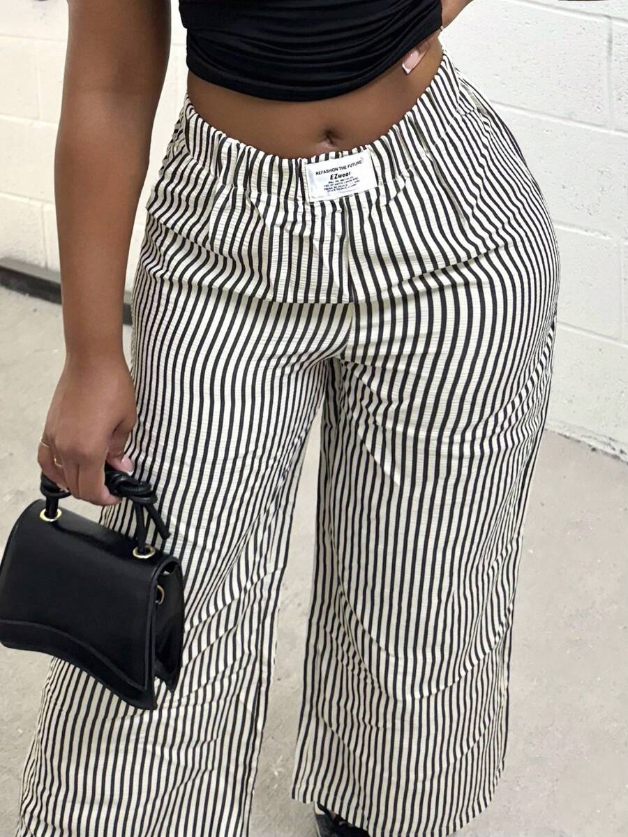 Alexandranx Women's Casual Striped Letter Print Elastic Waist Loose Wide Leg Pants