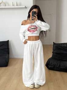 Coolane 女士夏季街头休闲装宽松松紧腰带舒适灰色弯刀裤 - 白色 - 查看 4