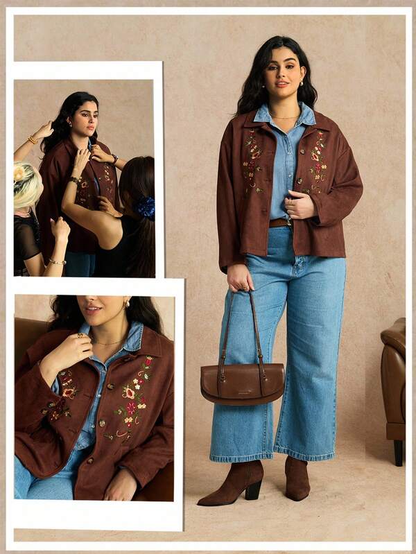 Nubod Chaqueta de mujer talla grande de invierno con cuello vuelto, manga larga, estilo vintage con bordado floral, de tela suave sintética, de corte holgado