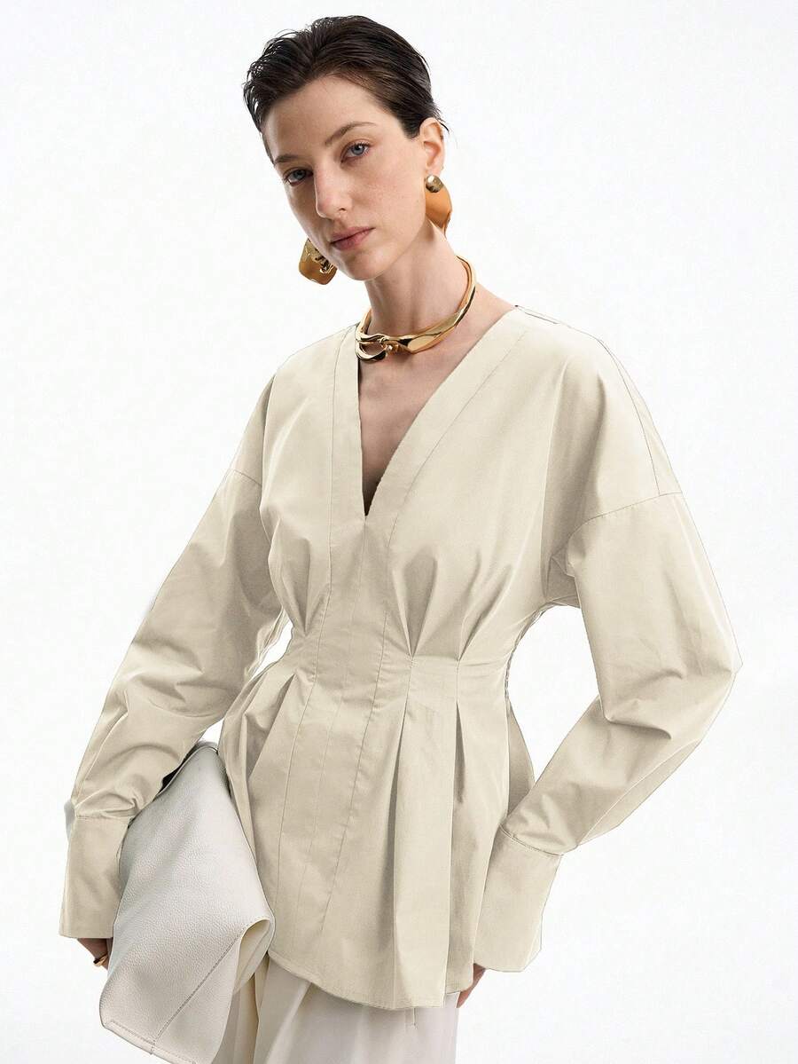Aalyst Women's Elegant Shirred Blouse With Pleated Front And Back, Long Sleeve Shirt For Office, Commute, Vacation, Casual Wear, Spring/Autumn/Winter - Apricot - View 1