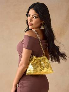 SHEIN SXY 女士、女式单肩包、流浪包、编织压花 PU、金色、时尚、优雅、简约、个性化、多功能、经典、适合通勤、办公室、约会、日常、购物、下午茶 - 金色 - 查看 6