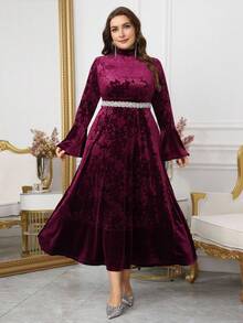 Modelyn Plus Size Women Velvet Embossed Flared Sleeve A-Line Dress, Elegant Party Evening Gown, Autumn/Winter - Red - View 3