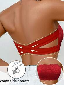 1pc Women Lace Wireless Bandeau Bra - Red - View 3
