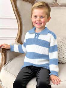 SHEIN 1 pezzo Maglione polo a righe morbido e comodo, casual, alla moda, semplice e pratico, adatto per ragazzi, ideale per feste di compleanno, feste, spettacoli, outfit per bambini, abbigliamento per ragazzi, adatto per la scuola, adatto per i viaggi, adatto per lo sport, adatto per l'autunno e l'inverno