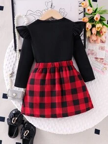 Girls' Christmas Plaid Cap Sleeve Ribbed Top & Pleated Bowknot Plaid Skirt 2-Piece Set, Comfortable Design, Spring/Autumn Fall Winter - Black - View 2
