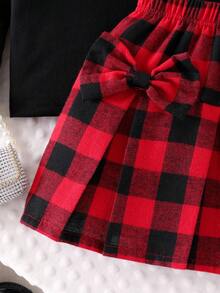 Girls' Christmas Plaid Cap Sleeve Ribbed Top & Pleated Bowknot Plaid Skirt 2-Piece Set, Comfortable Design, Spring/Autumn Fall Winter - Black - View 6