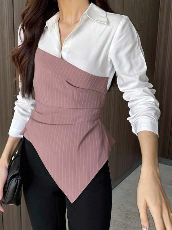 INAWLY Women's Contrast Color 2 In 1 Fashion Long Sleeve Striped Asymmetrical Hem Blouse Fall Cloth For Women