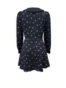 Lucivie Váy ngắn cổ chữ V tay bồng dáng chữ A thanh lịch lãng mạn cổ điển dành cho nữ - màu đen - Xem 8