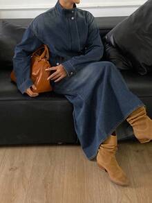 DAZY 西部牛仔风格做旧洗水高领长袖拉链宽松夹克和不对称下摆短裙休闲街头装，秋冬 - 藍色 - 查看 6