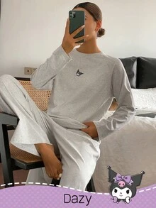 DAZY HELLO KITTY AND FRIENDS | SHEIN 女士休闲卡通图案插肩袖宽松上衣和裤子家居服套装，春秋季，舒适保暖，秋冬服装 - 淺灰色 - 查看 3