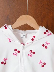 青少年女孩休闲百搭百搭甜美可爱樱桃图案连帽宽松口袋拉链夹克运动衫，秋冬秋季 - 白色 - 查看 4