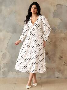 Roveilla 大码波尔卡圆点V领束腰复古连衣裙 - 杏色 - 查看 7