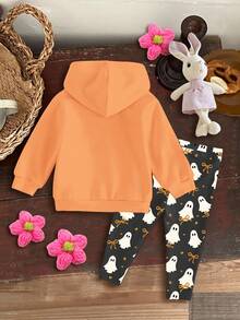 Baby Girl Halloween Dark Green,Autumn,Cute,Birthday 2 Pieces Set,'s Get Ghost Bow Print Hoodie And Winter Pants,Loose Casual Fall Loungewear Outfit - Multicolor - View 3