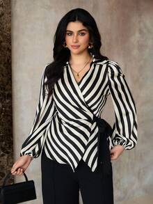 Roveilla Plus Size Elegant Commuter Striped Tie-Wrap Shirt Women Blouses Elegant Wrap Tops For Women Tie Front Blouse Stripe Top Striped Blouse - Black - View 5