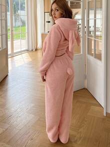 SHEIN Đồ ngủ trùm đầu bằng vải nhung lông có tai thỏ dễ thương dành cho nữ, đồ ngủ dài tay bằng vải nỉ ấm áp, quần áo thu/đông - Hồng - Xem 7
