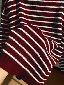 Comfortcana Cardigan Longgar Bergaris Kasual Wanita Ukuran Besar, Model Ikat Pinggang, Musim Gugur/Dingin - Red and White - View 5