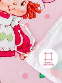 Strawberry Shortcake X SHEIN 3件套可爱卡通人物草莓图案床上用品套装，磨毛面料，柔软保暖，粉色被套+3D蝴蝶结，单人/双人/大号/特大号可选，送礼佳品 - 粉色 - 查看 9