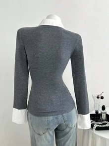 Elamini Women's Casual Fitted Knit Striped Shirt