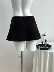 Elamini 复古风格纯色低腰纽扣装饰女士A字裙 - 黑色 - 查看 2