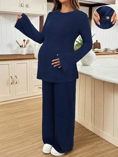 SHEIN 2pcs Maternity Casual Solid Color Side Slit Flare Sleeve Top And Pants Set, Autumn Maternity Two Piece Set Two Piece Set Women Comfy Modest Two Piece Set Maternity Clothes Two Piece Suits Comfortable Two Piece Set