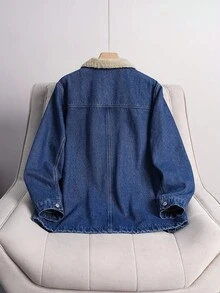 EMERY ROSE 女士时尚牛仔外套，带保暖内衬，秋冬季 - 深色水洗藍 - 查看 2
