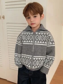 DAZY 男童休闲宽松提花针织毛衣，日式秋季风格 - 灰色 - 查看 3