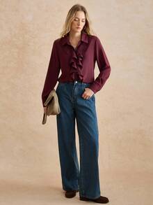 Écloséra Women's Solid Color Long Sleeve Ruffle Trim Fashion Blouse, Fall Shirt - Burgundy - View 3