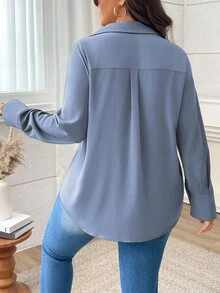 Vionelle 加大码女式纯色 V 领落肩宽松衬衫，春秋季，适合感恩节女式衬衫 - 霧霾藍 - 查看 3