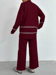 RueChic 2pcs Women's Dropped Shoulder Crew Neck Long Sleeve Sweater And Knit Long Pants Set,Petite Co Ord,Co Ord,Petite,Winter Clothes - Burgundy - View 2