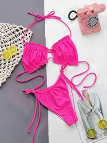 Swim Basics Summer Beach Frill Trim Tie Side Bikini Set - Hot Pink - View 4